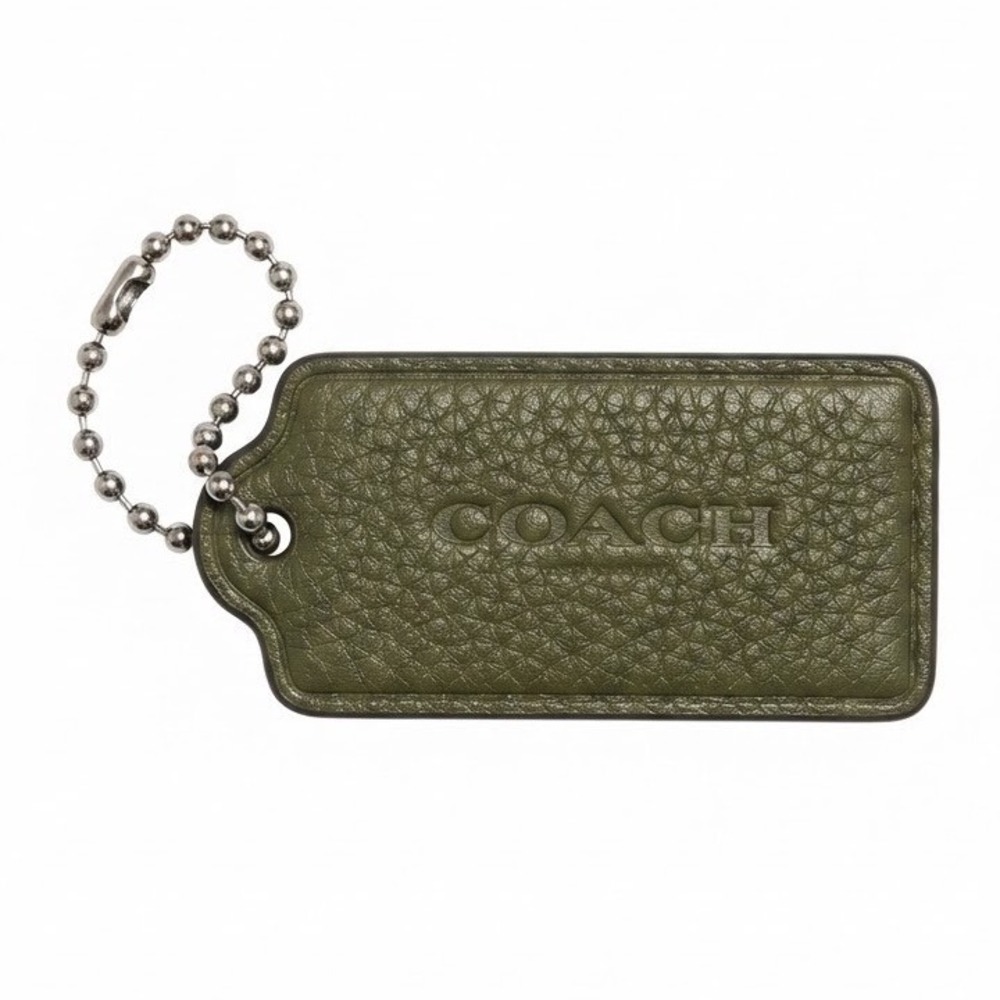 Coach Olive Green Pebbled Leather Hangtag Bag Charm Silver Ball Chain Logo Tag